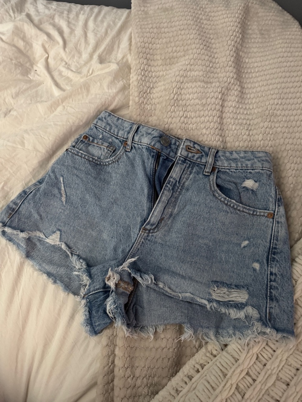 GARAGE Festival High-Waist Distressed Denim Shorts - Light Blue